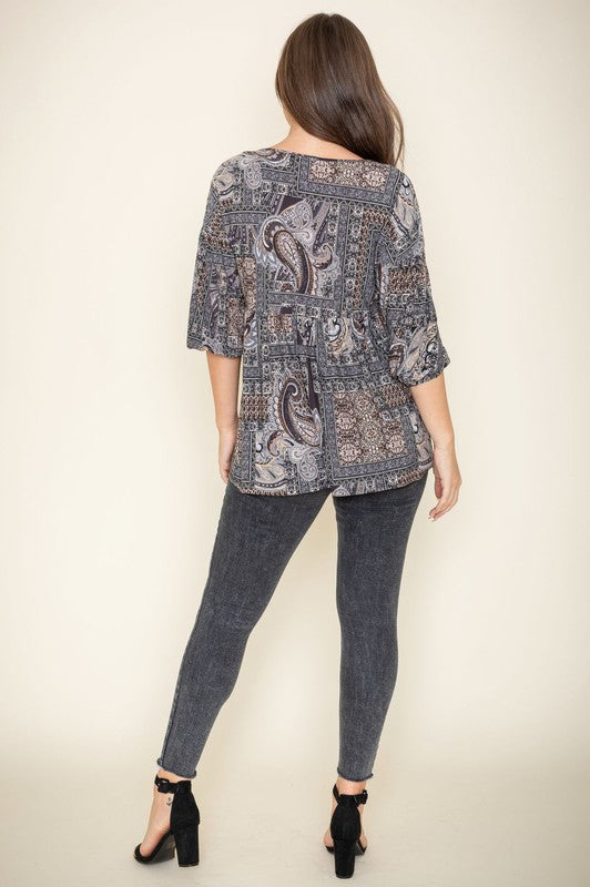 Button Accent Paisley Top