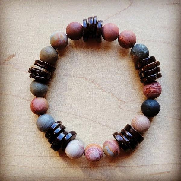 Frosted PIcasso Jasper and Wood Stretch Bracelet - Crazy Like a Daisy Boutique #