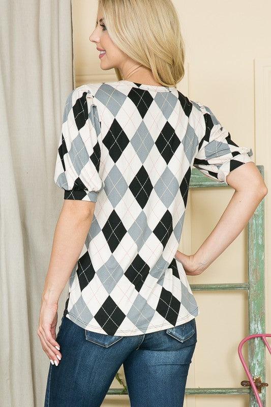 Argyle Print Puff Sleeve Knit Jersey Top - Crazy Like a Daisy Boutique #