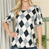Argyle Print Puff Sleeve Knit Jersey Top - Crazy Like a Daisy Boutique #