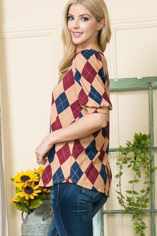 Argyle Print Puff Sleeve Knit Jersey Top - Crazy Like a Daisy Boutique
