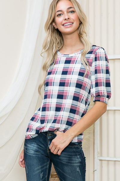 Plaid Puff Sleeve Jersey Top