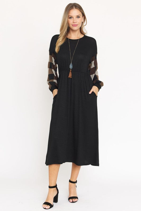 Knit Bishop Sleeve Tea Length Dress