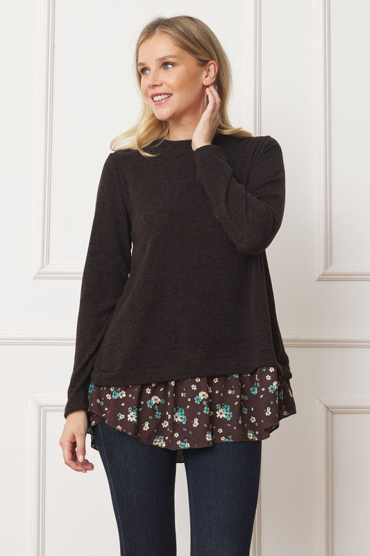 Layered Floral Tulip Hem Back Accent Top