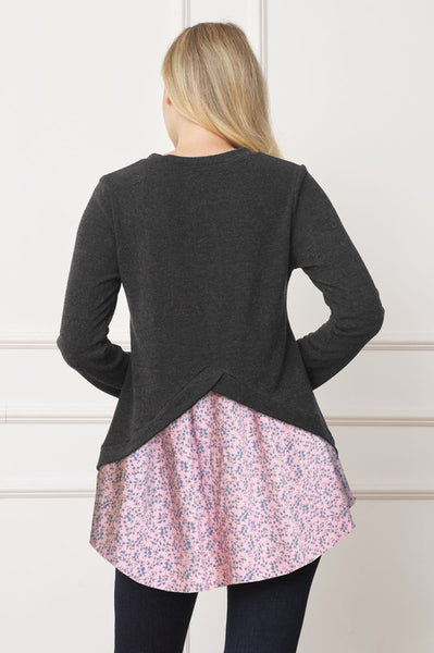 Layered Floral Tulip Hem Back Accent Top