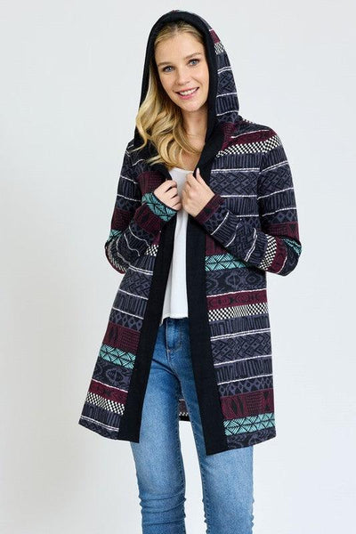 Plus Long Tribal Print Hooded Cardigan - Crazy Like a Daisy Boutique