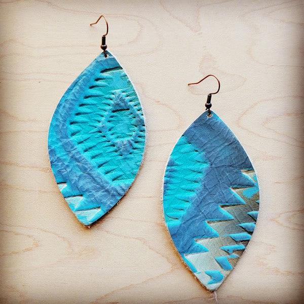 Leather Oval Earring-Aztec Cyan - Crazy Like a Daisy Boutique #