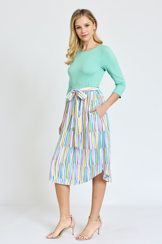 Quarter Sleeve Stripe Sash Midi Dress