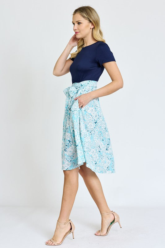 Short Sleeve Floral Sash Midi Dress