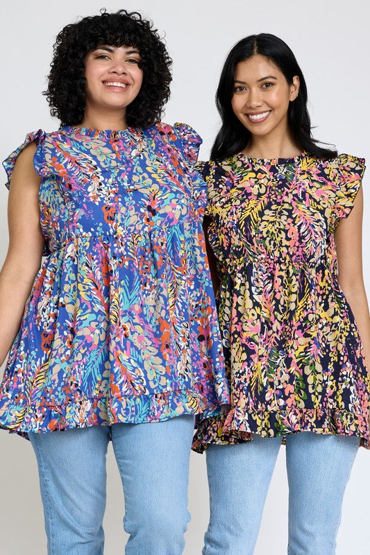 Ruffle floral leaf woven tunic top PLUS