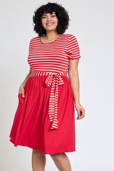 Plus Short Sleeve Stripe Sash Dress