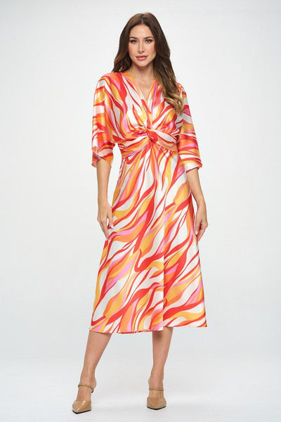 Front Twist Multi Color Print Satin Dress