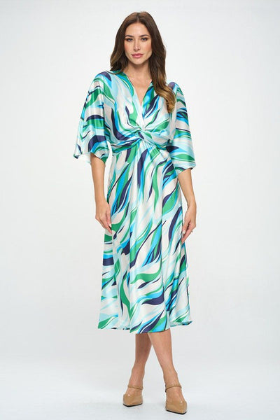 Front Twist Multi Color Print Satin Dress