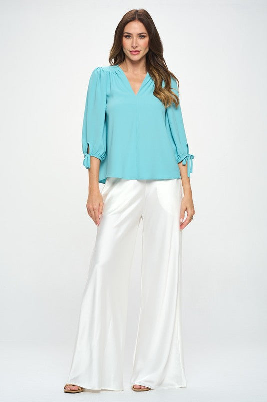 Solid V neck Top with Self Tie Sleeves - Crazy Like a Daisy Boutique #
