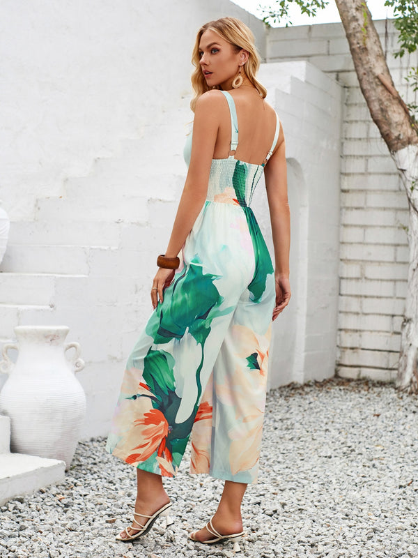 Cutout Printed Wide Strap Jumpsuit - Crazy Like a Daisy Boutique #