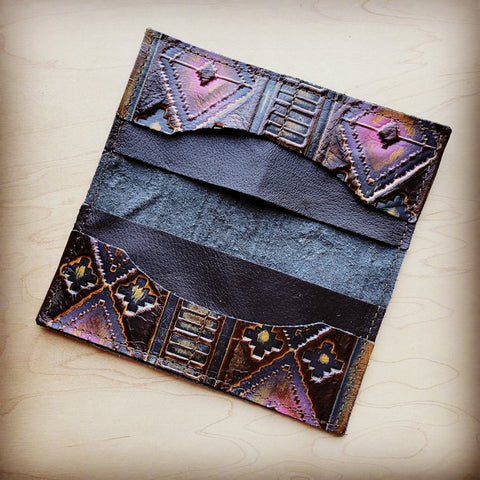 Embossed Leather Wallet in Magenta Navajo w/ Snap - Crazy Like a Daisy Boutique