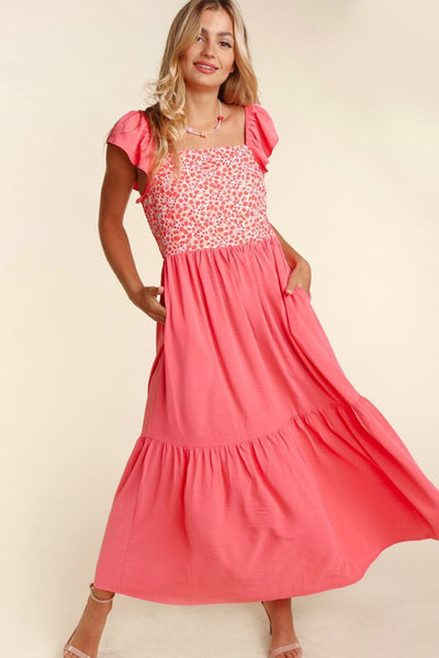 EMBROIDERY DOT WOVEN MAXI DRESS WITH SIDE POCKETS