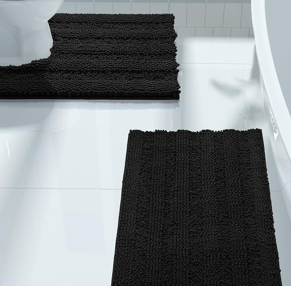 2PC Black Soft Cozy Plush Chenille Bath Mat Set - Crazy Like a Daisy Boutique #