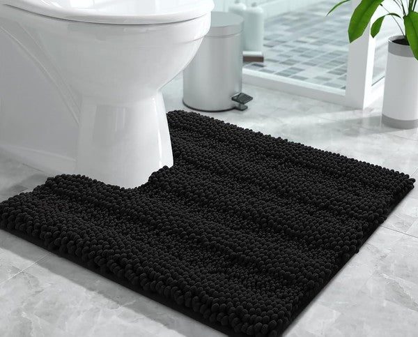 2PC Black Soft Cozy Plush Chenille Bath Mat Set