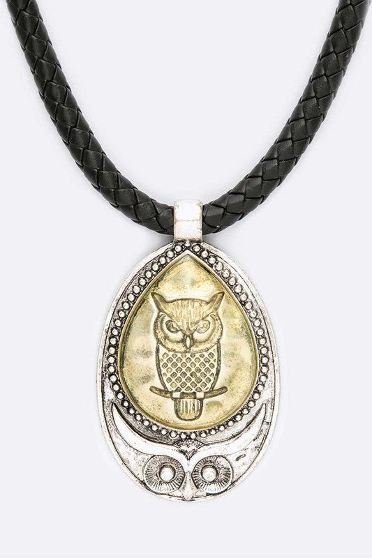 Vintage Owl Pendant Braided Leather Necklace - Crazy Like a Daisy Boutique #