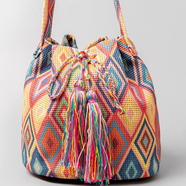 Drawstring Tassel Geometric Shoulder Bag