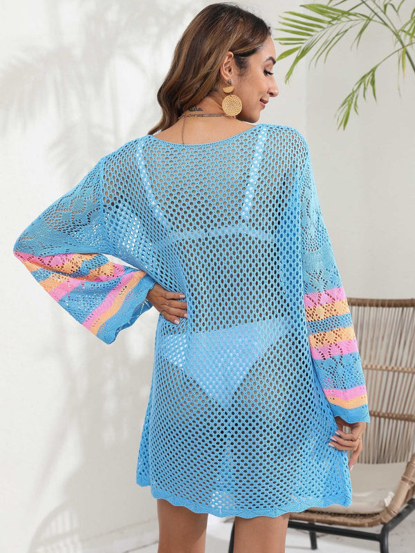Openwork Contrast Long Sleeve Cover-Up - Crazy Like a Daisy Boutique #