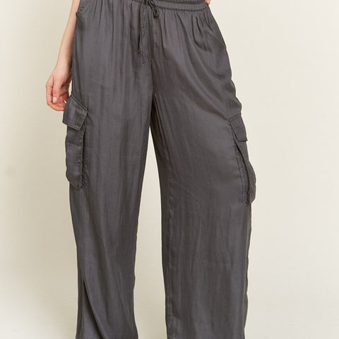 PLUS SIZE SATIN CARGO PANTS WITH DRAWSTRING - Crazy Like a Daisy Boutique