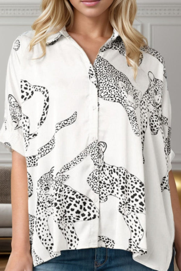 Printed Collared Neck Half Sleeve Shirt - Crazy Like a Daisy Boutique #