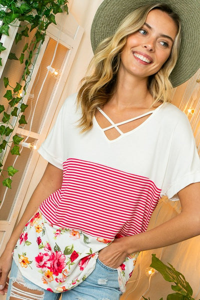 SOLID STRIPE FLORAL JERSEY TOP