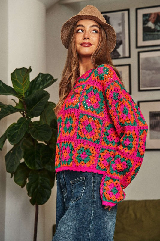 Crochet Patchwork Round Neck Pullover Sweater Top - Crazy Like a Daisy Boutique