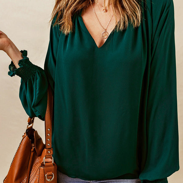 Green Pleated V Neck Puffy Sleeve Blouse