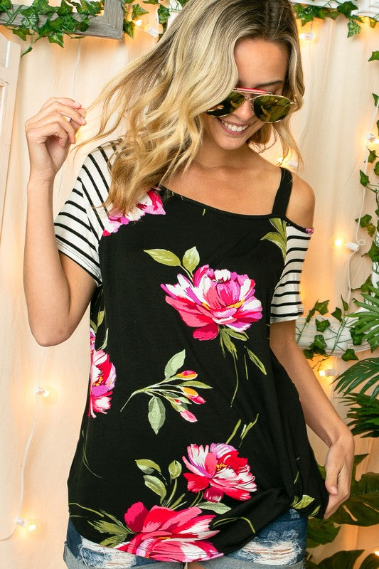 FLORAL STRIPE MIXED TOP