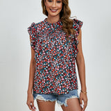 Ruffled Ditsy Floral Mock Neck Cap Sleeve Blouse - Crazy Like a Daisy Boutique #