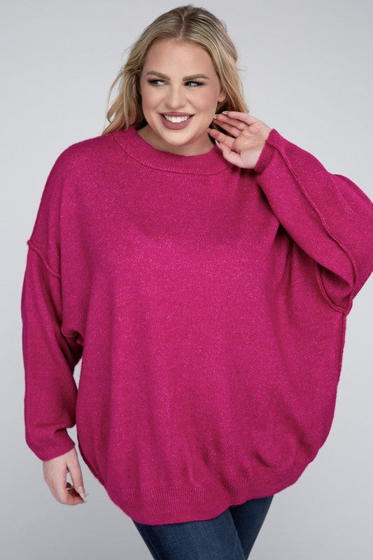 Plus Oversized Round Neck Raw Seam Melange Sweater - Crazy Like a Daisy Boutique