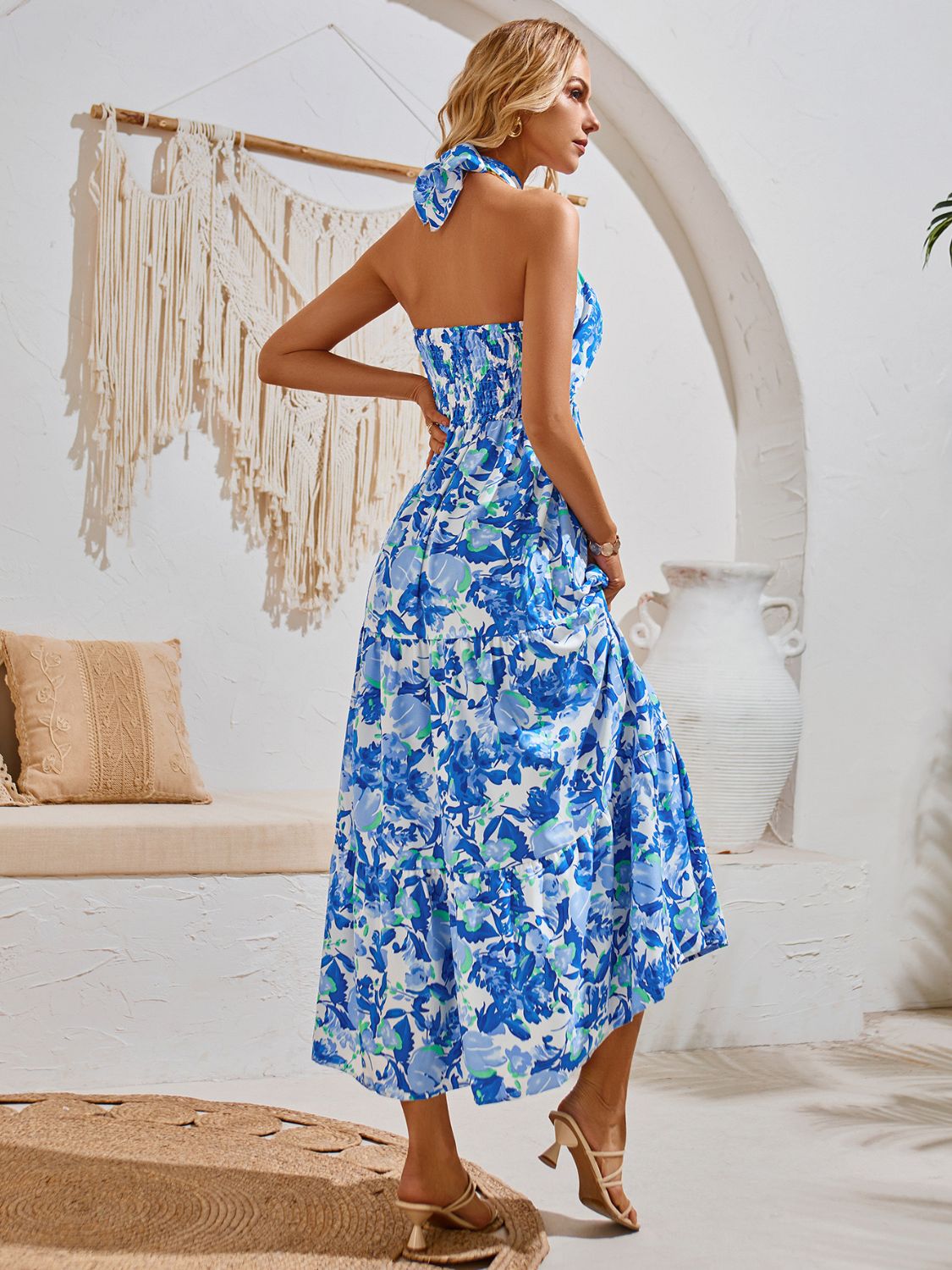 Smocked Printed Sleeveless Midi Dress
