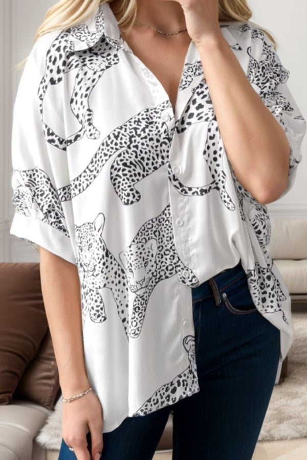Printed Collared Neck Half Sleeve Shirt - Crazy Like a Daisy Boutique #
