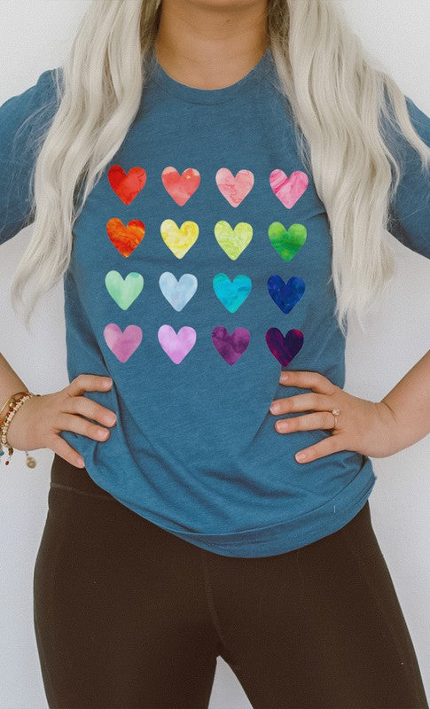 Watercolor Rainbow Heart Grid Graphic Tee