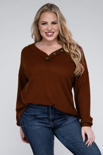 Plus Brushed Waffle V-Neck Button Detail Sweater - Crazy Like a Daisy Boutique #