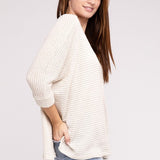 3/4 Sleeve V-Neck Hi-Low Hem Jacquard Sweater - Crazy Like a Daisy Boutique