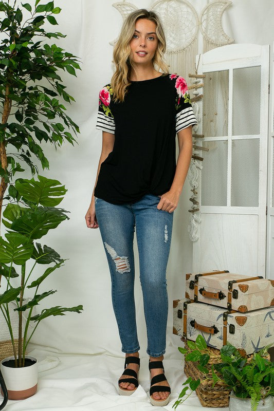 SOLID FLORAL JERSEY MIXED TOP