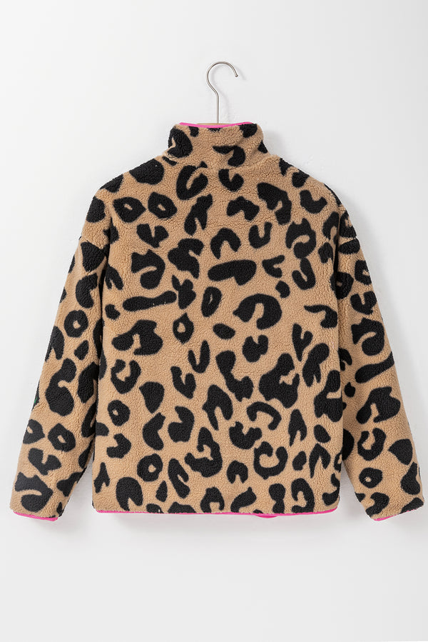 Leopard Plus Size Color Block Chest Pocket Sherpa Jacket