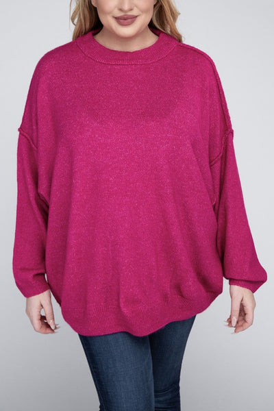 Plus Oversized Round Neck Raw Seam Melange Sweater - Crazy Like a Daisy Boutique #