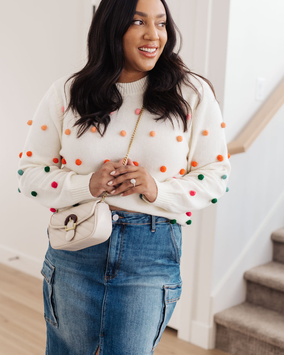 Candy Buttons Pom Detail Sweater - Crazy Like a Daisy Boutique