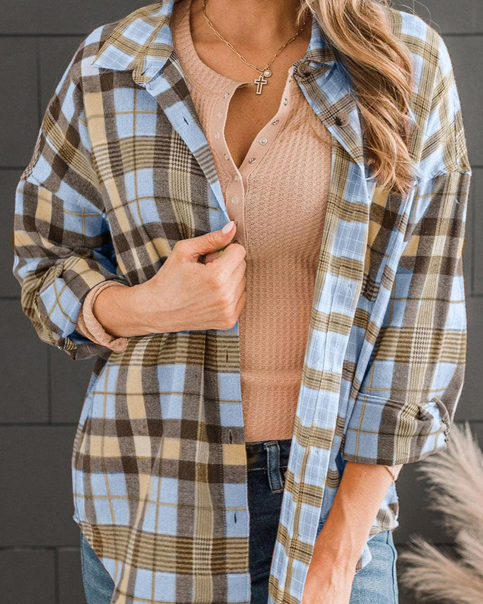 Plaid Collared Neck Long Sleeve Button-Up Shirt - Crazy Like a Daisy Boutique