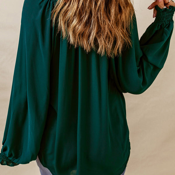 Green Pleated V Neck Puffy Sleeve Blouse