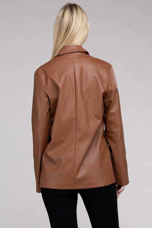 Sleek Pu Leather Blazer with Front Closure - Crazy Like a Daisy Boutique #
