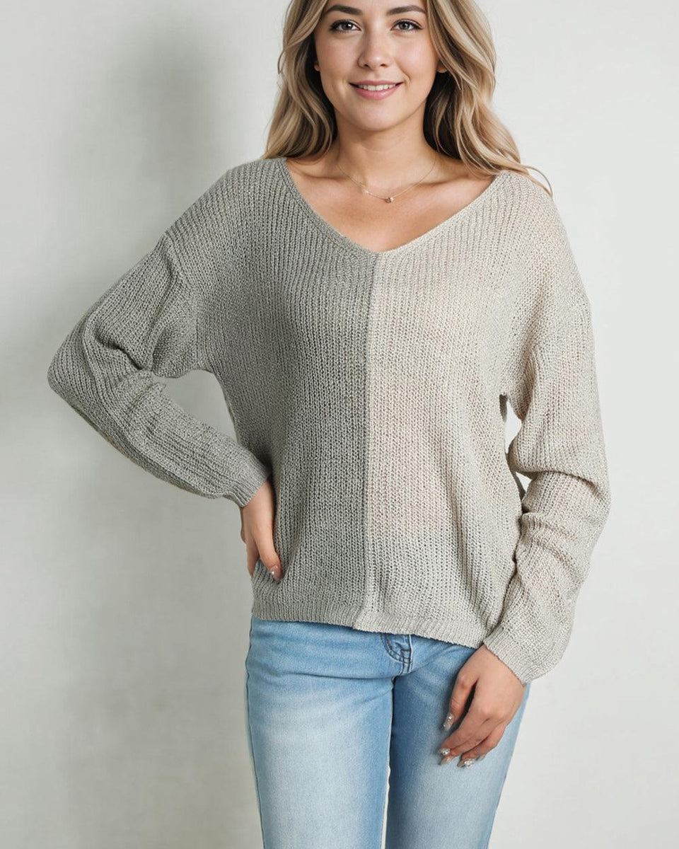 Contrast Color V-Neck Long Sleeve Pullover Sweater - Crazy Like a Daisy Boutique