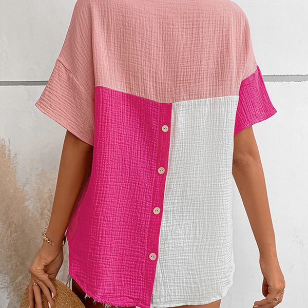 Color Block Johnny Collar Short Sleeve Blouse - Crazy Like a Daisy Boutique #