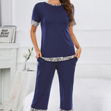 Round Neck Short Sleeve Top and Capris Pants Lounge Set - Crazy Like a Daisy Boutique #