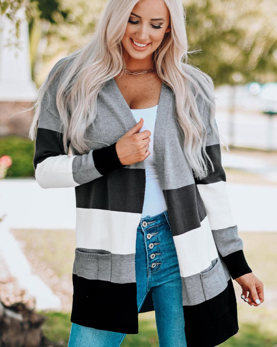Color Block Open Front Ribbed Cuff Cardigan with Pockets - Crazy Like a Daisy Boutique